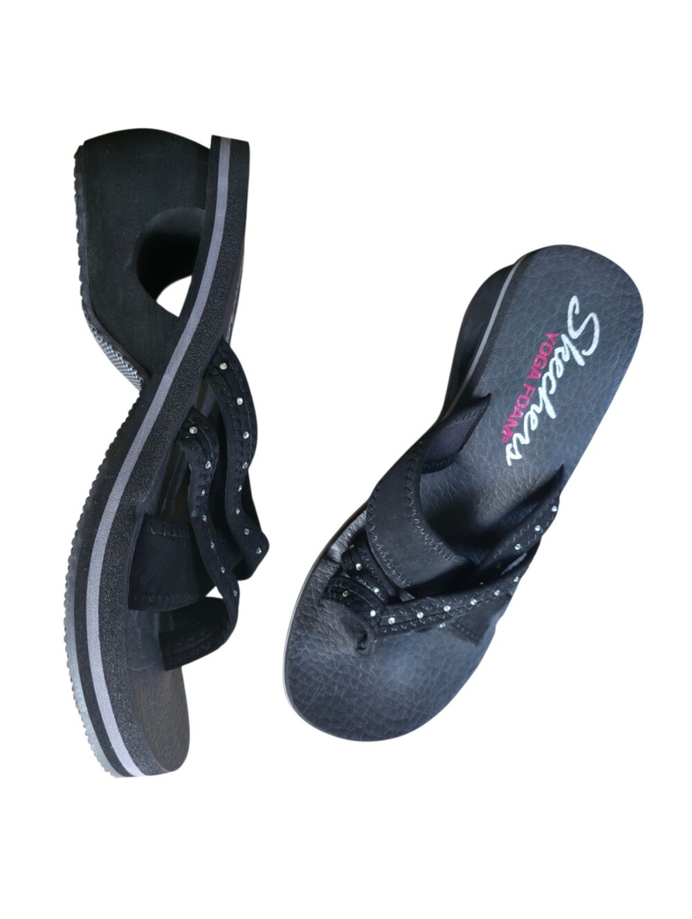 Skechers Yoga Foam Toe Ring Wedge Sandals Black Rhinestone Comfort Y2K Size 8 - Picture 12 of 15